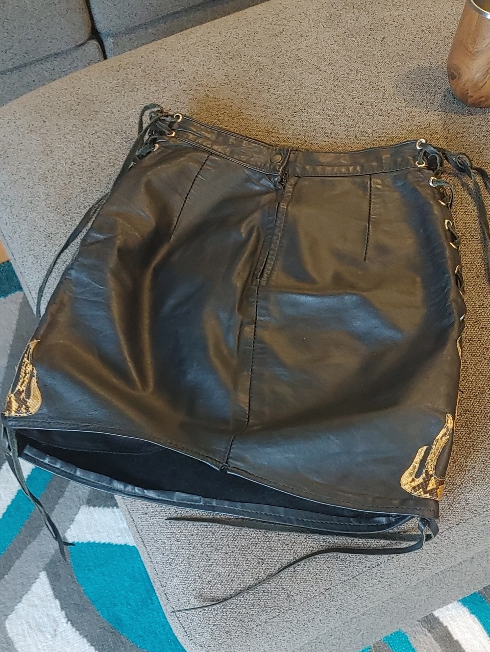Prima Donna Black Leather Mini Skirt with Gold Corner Embellishments